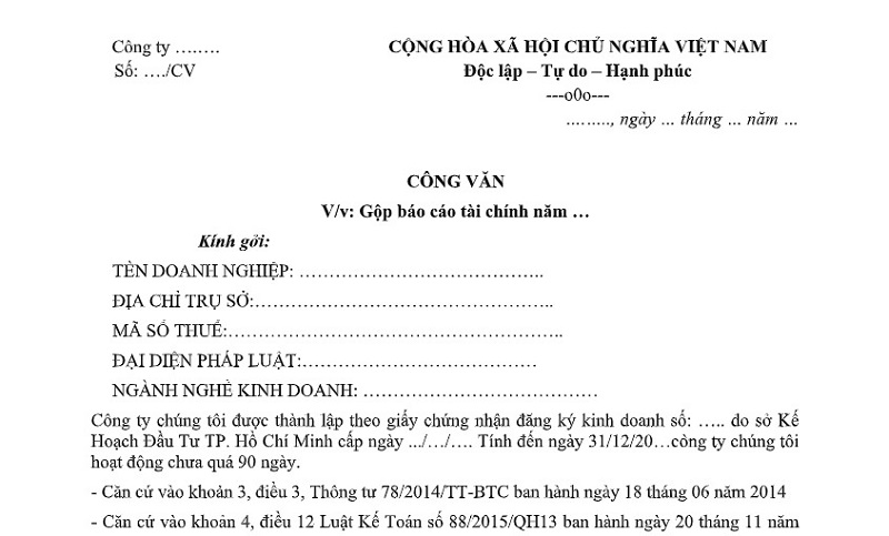 mẫu công văn xin gộp báo cáo tài chính