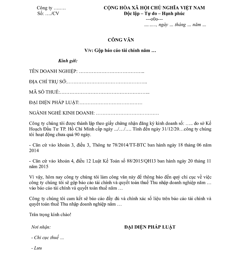 mẫu công văn xin gộp báo cáo tài chính