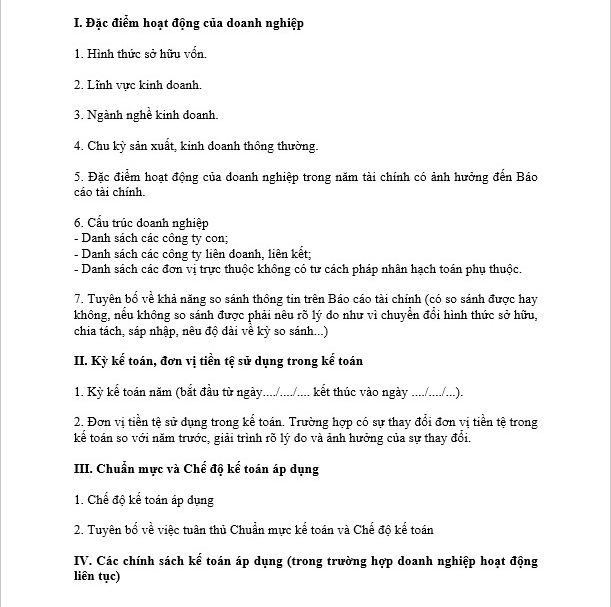 thuyết minh báo cáo tài chính