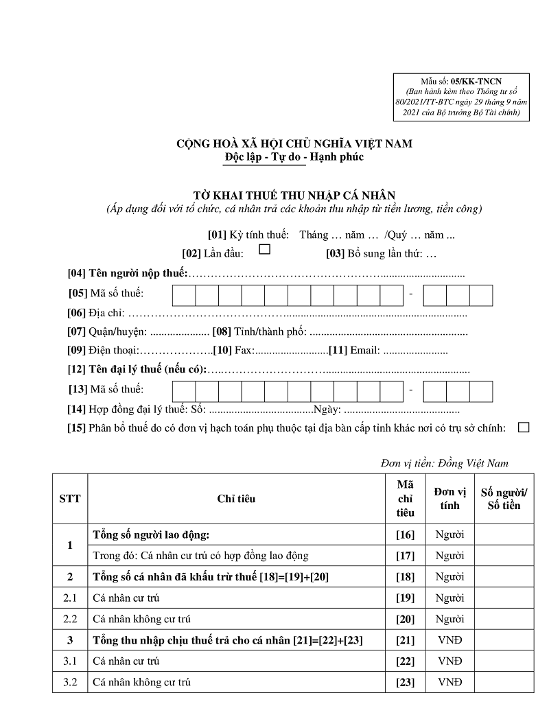 tờ khai quyết toán thuế tncn