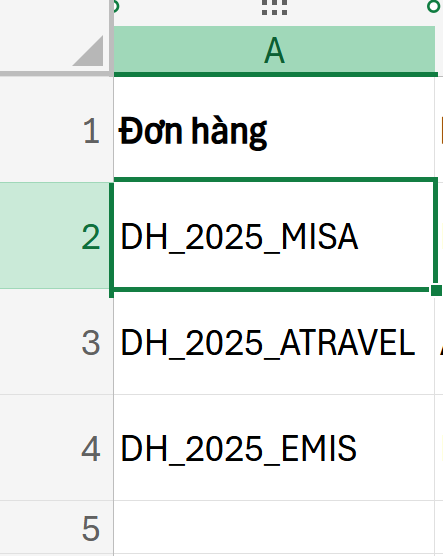 ví dụ bảng dữ liệu mã đơn hàng