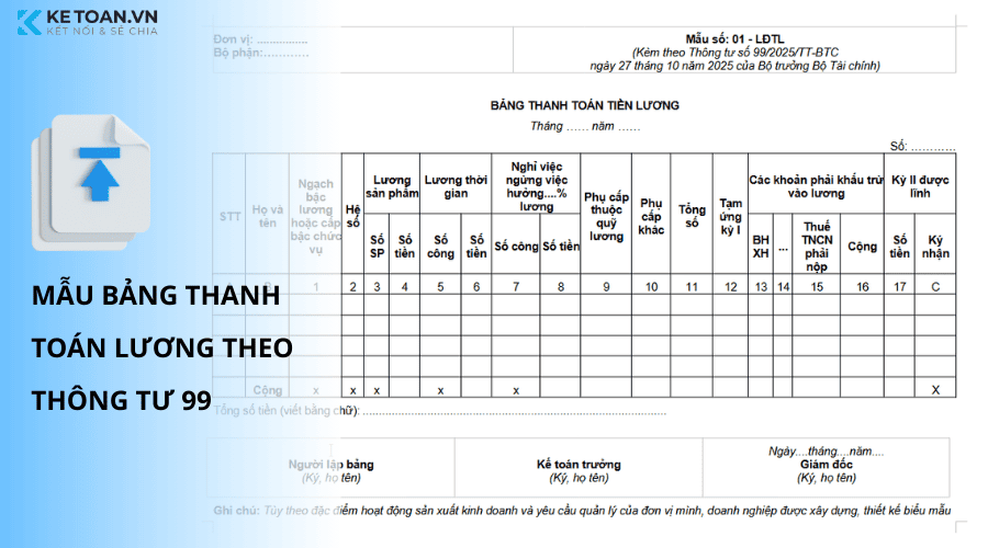 mẫu bảng thanh toán tiền lương theo thông tư 99 số 01-LĐTL