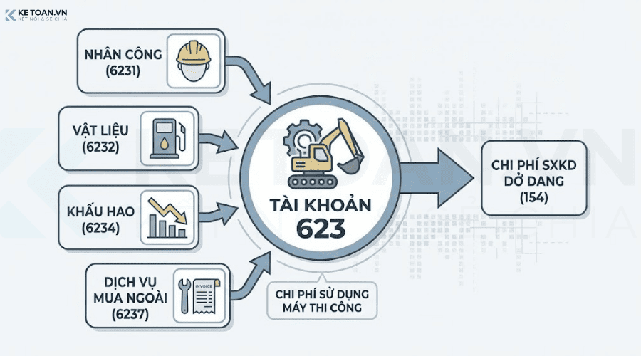 tài khoản 623 chi phí sử dụng máy thi công