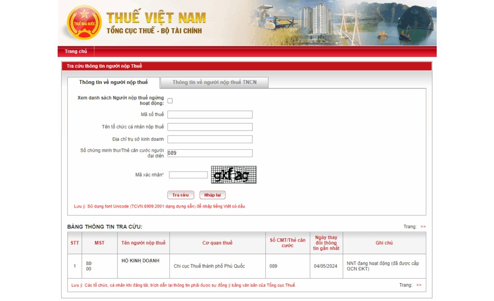 tra cứu mã số thuế hộ kinh doanh