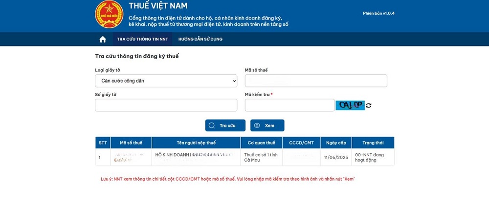 tra cứu thông tin hộ kinh doanh trên eTax Mobile