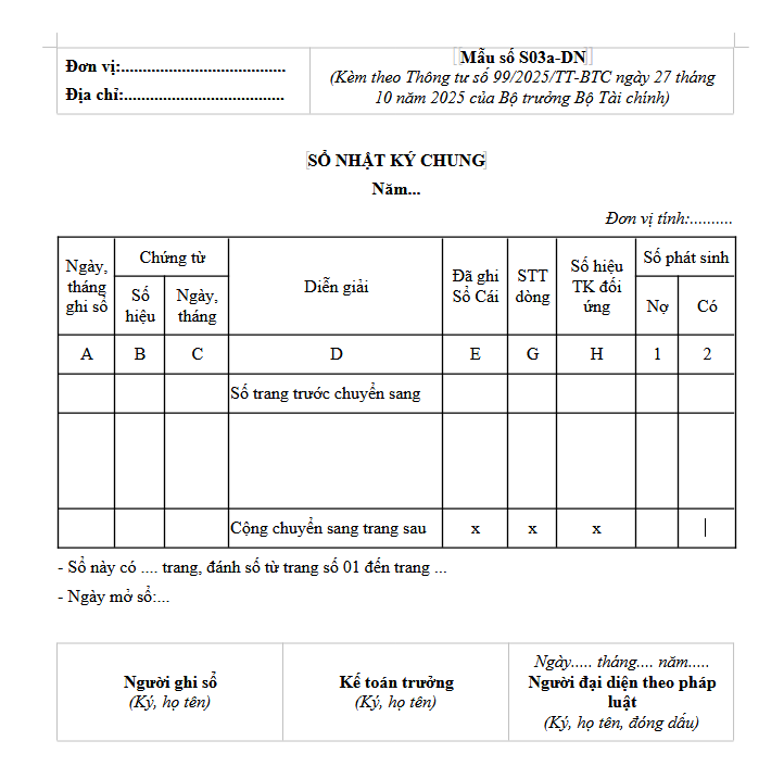 mẩu sổ nhật ký chung S03a-DN theo thông tư 99